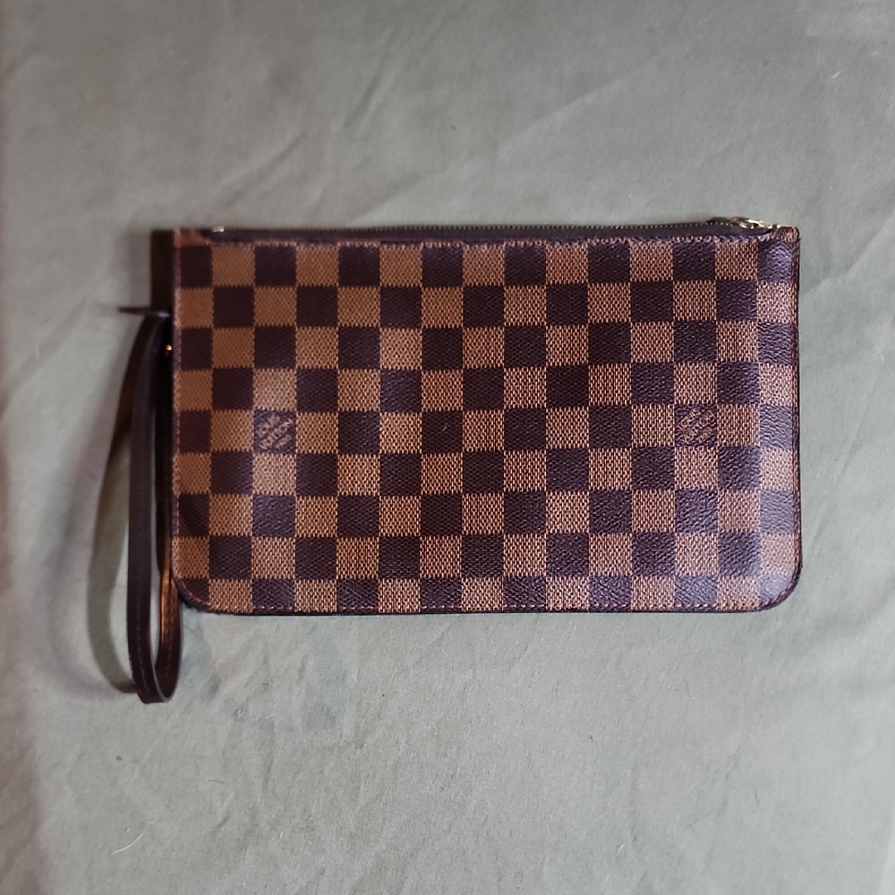 Brown Checkered Leather Wallet with Wrist Strap